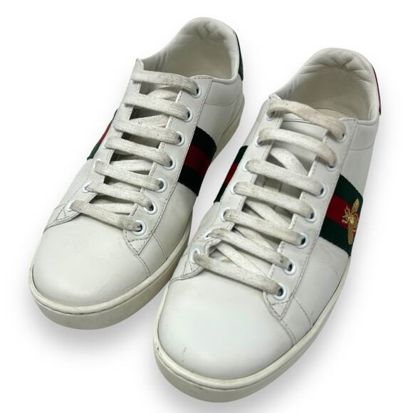 Gucci Ace Web Low Top Sneaker Embroidered Bee Motif White Leather 37.5 Women’s - Picture 7 of 14